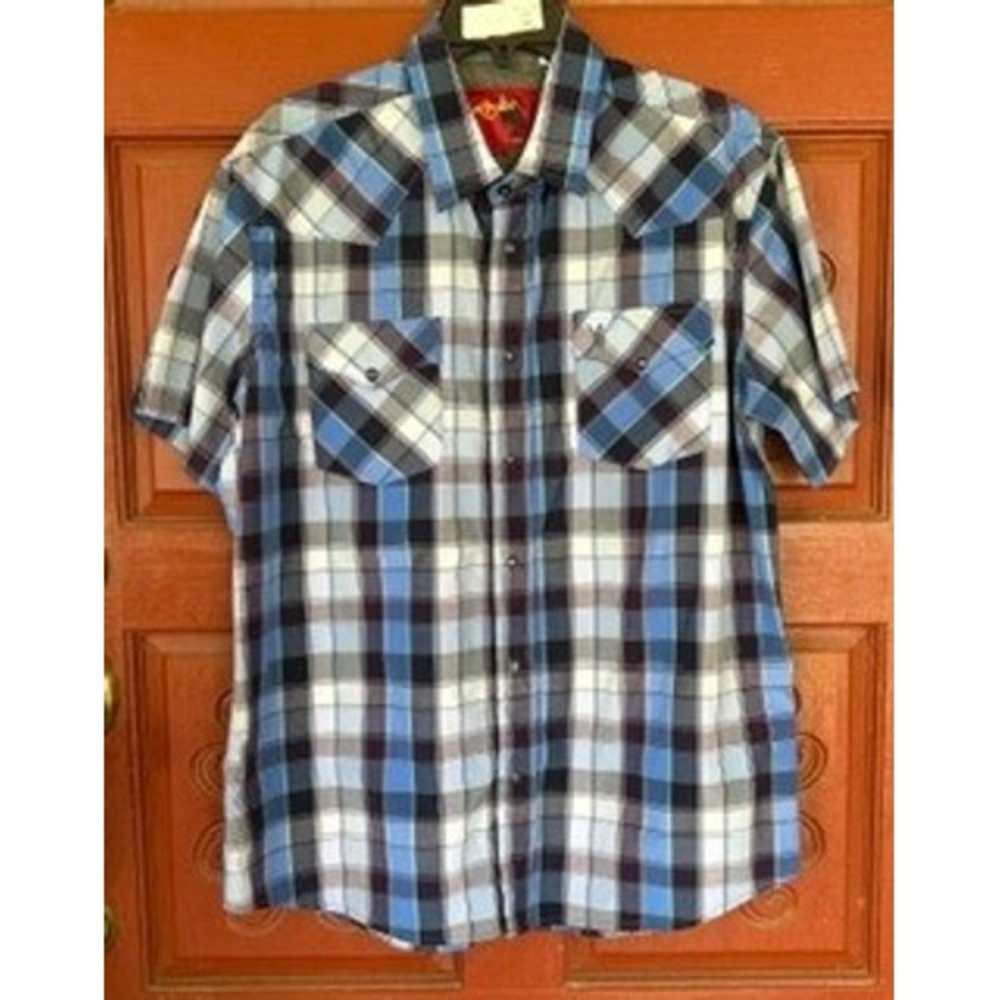 Rodeo Clothing Co Pearl Snap Shirt Blue Plaid Short Sleeve Men's Western‎ XL